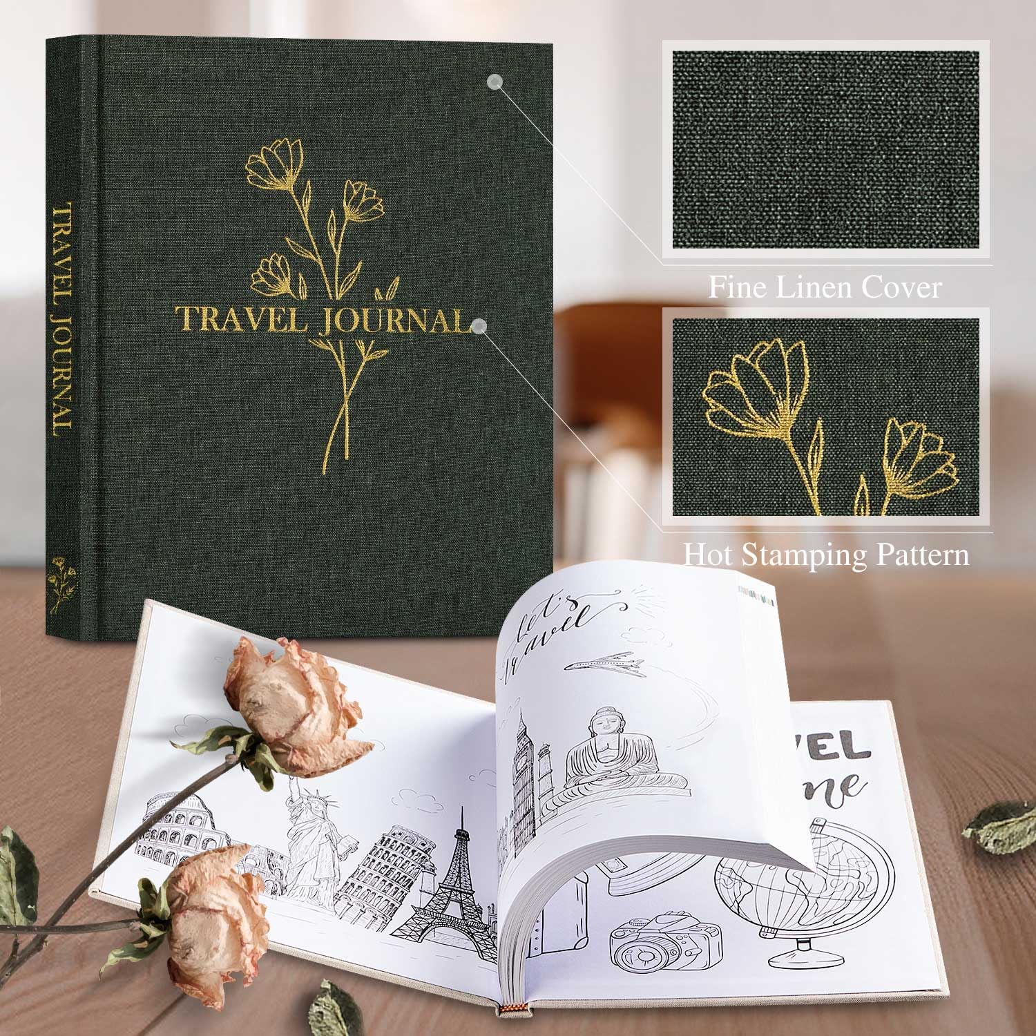 Lanpn Travel Photo Journal Notebook for Women Men, Linen Travel Log Diary Scrapbook Memory Book with Prompts, Anniversary Journals Traveling Gifts (Green, 110 Pages) - Image 2