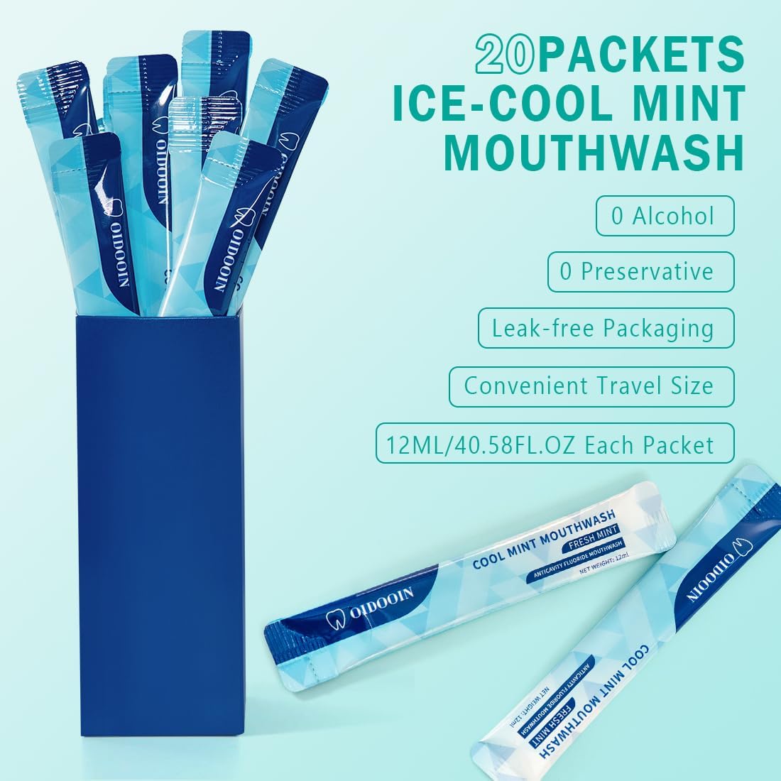Travel Size MouthWash Packets - TSA Approved Travel Porable mouthwash, Alcohol Free, Natural Ingredients for Bad Breath,Oral Care Treatments (0.37 Fl OZ (Pack of 20)) - Image 4