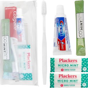 Travel-sized Adult Dental Care Kit Bulk, TSA-compliant Oral Care Bag includes a toothbrush, floss picks, toothpaste, and mint mouthwash