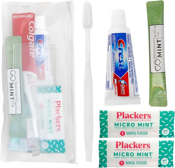 Travel-sized Adult Dental Care Kit Bulk, TSA-compliant Oral Care Bag includes a toothbrush, floss picks, toothpaste, and mint mouthwash